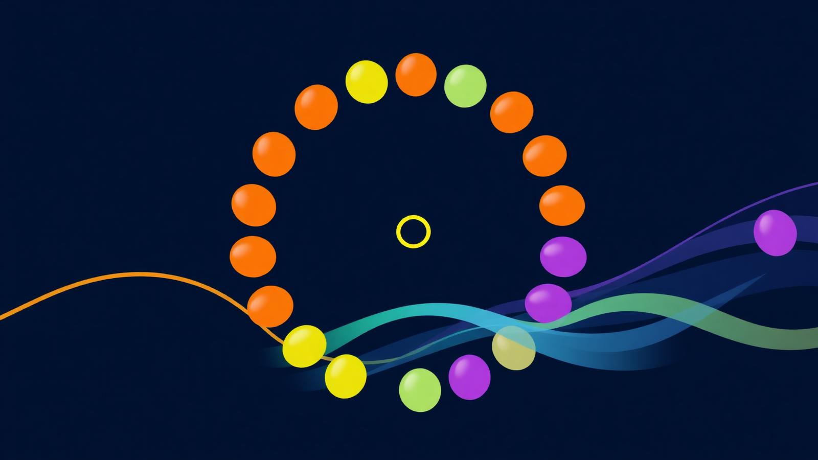 Bead-colored scoring dial with flowing data ribbons