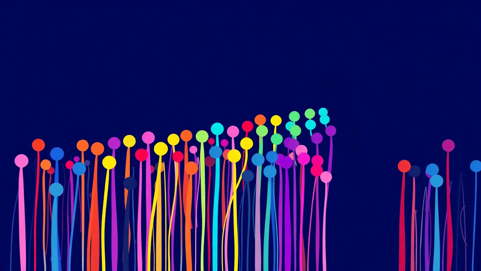 Crowd of bead-colored vertical lines flowing into a funnel