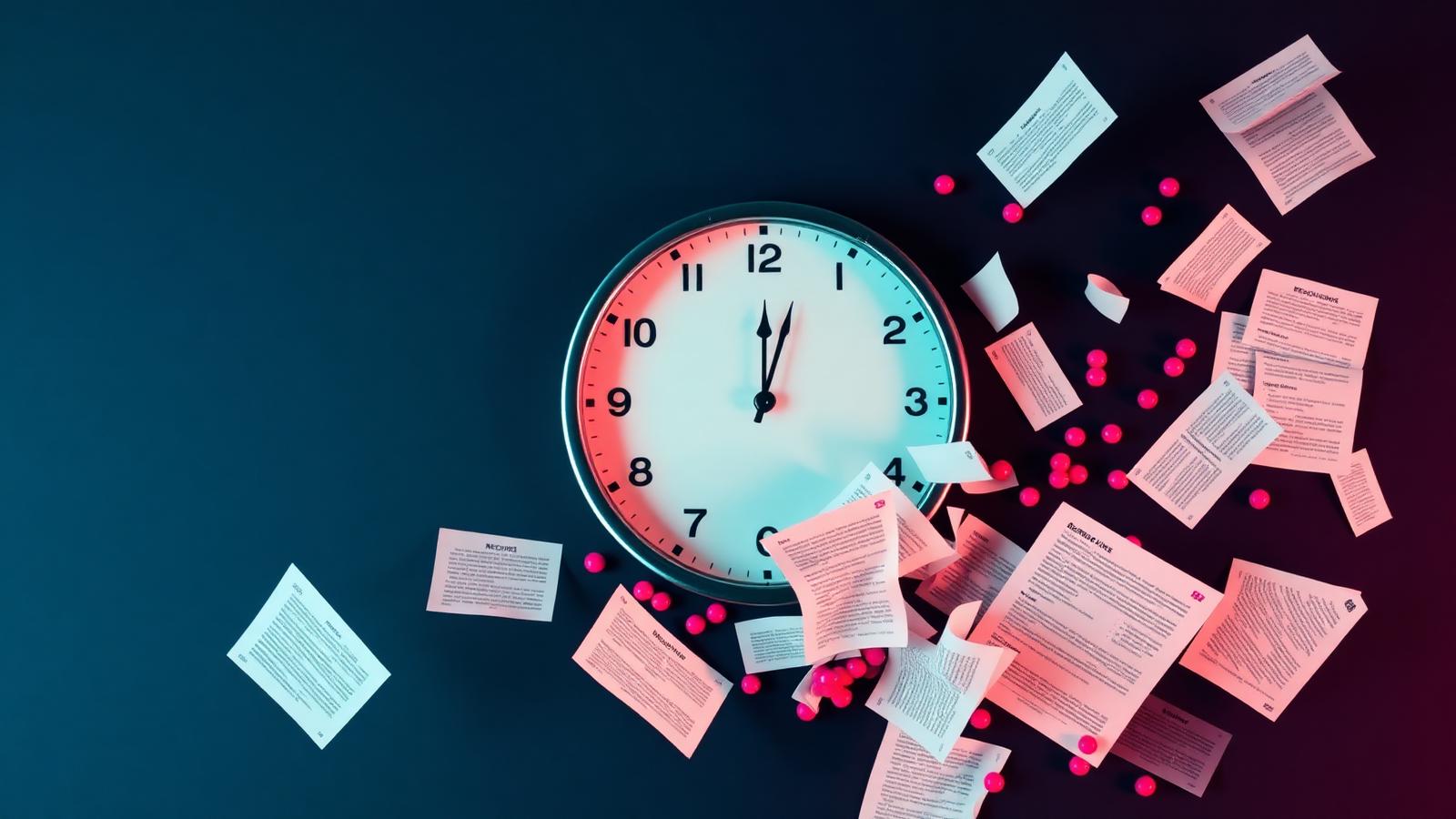 A recruiter glancing at a clock while a stack of resumes fades out of focus, representing candidate drop-off over time